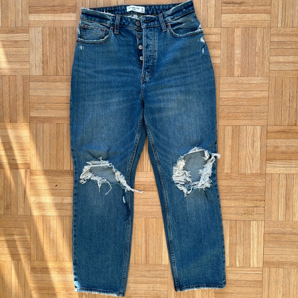 Abercrombie & Fitch Curve Love High Rise Ripped Medium Wash Dad Jeans